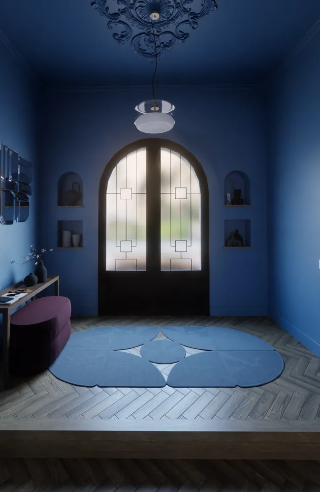 Projet d'architecte d'intérieur : Création d'une entrée de maison avec une porte d'entrée cintrée, grille décorative, console d'entrée, tapis et murs bleus