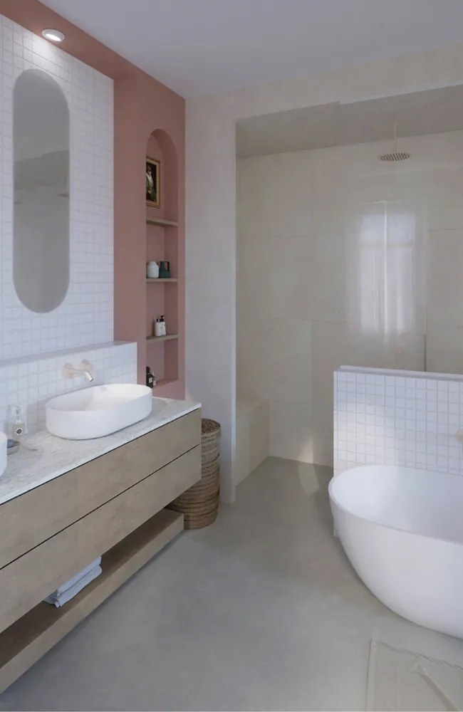 Projet d'architecte d'intérieur : Aménagement d'une salle de bain avec double vasque, baignoire îlot, douche à l'italienne, paroi vitrée